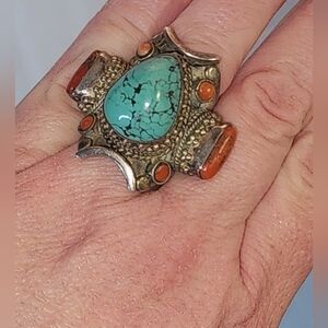 Vintage Turquoise & Coral Sterling Silver Ring 8.5